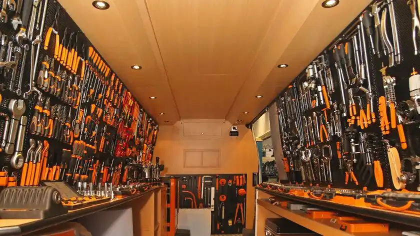 tradesmen tools organised in van